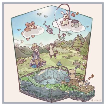 >_< 1boy bear blonde_hair blue_sky border brown_hat brown_pants calico_(pattern) calico_cat chigu closed_eyes closed_mouth cloud commentary_request day dog eating fish fishing fishing_rod food grass hat highres holding holding_fishing_rod holding_food jacket lily_pad male_focus mountain on_cloud onigiri open_clothes open_jacket original outdoors outside_border pants pine_tree rabbit red_shoes shoes short_hair simple_bird sitting sky smile solo tree twitter_username white_border wolf