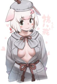 Rule 34 | 1girl, animal ears, black eyes, blush, breasts, chohakkai (kemono friends), cleavage, commentary request, extra ears, hair ornament, hat, heart, highres, hood, hoodie, ito yoki, kemono friends, large breasts, looking at viewer, pig ears, pig girl, pink hair, ribbon, short hair, simple background, solo, upper body