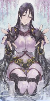 1girl absurdres beckoning black_gloves black_hair bodysuit breasts commentary_request cowboy_shot ebichannoshippo fate/grand_order fate_(series) fingerless_gloves gloves half-closed_eyes highres large_breasts long_hair looking_at_viewer minamoto_no_raikou_(fate) purple_bodysuit reaching reaching_towards_viewer sitting smile solo very_long_hair