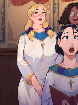 Rule 34 | 3girls, abby (diforland), absurdres, black-framed eyewear, breasts, brown eyes, choir, church, commentary, cross, dark-skinned female, dark skin, diforland, dress, english commentary, fingernails, glasses, hair ornament, hair scrunchie, highres, huge breasts, latin cross, long dress, looking at viewer, low twintails, medium hair, mole, mole on neck, multiple girls, music, open mouth, original, purple scarf, raised eyebrows, scarf, scrunchie, semi-rimless eyewear, singing, solo focus, teeth, twintails, under-rim eyewear, upper teeth only, v arms, variant set, white dress