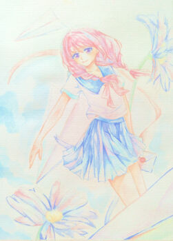 Rule 34 | 1girl, absurdres, aqua eyeshadow, artist name, bare arms, blue sailor collar, blue skirt, braid, chinese commentary, closed mouth, collarbone, commentary request, cowboy shot, daisy (flower), day, envelope, eyelashes, eyeshadow, floating, floating hair, flower, happy, high-waist skirt, highres, holding, holding envelope, light blush, long hair, looking at viewer, love letters to the sky (miracle nikki), low twin braids, makeup, miniskirt, miracle nikki, muriel miaoke, neckerchief, nikki (series), outdoors, outline, painting (medium), paper airplane, pink hair, pink neckerchief, pleated skirt, purple eyes, sailor collar, school uniform, serafuku, shirt, short sleeves, skirt, smile, solo, traditional media, twin braids, watercolor (medium), wax seal, white flower, white outline, white shirt