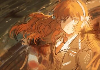 1girl black_jacket bow closed_mouth collared_shirt commentary green_eyes hair_bow hairband highres innertube ishmael_(project_moon) jacket lapels limbus_company ling_zhiyun long_hair looking_at_viewer necktie notched_lapels orange_hair orange_theme project_moon red_necktie shirt smile solo swim_ring symbol-only_commentary very_long_hair water white_bow white_hairband white_shirt white_trim