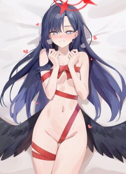 Rule 34 | 1girl, absurdres, black wings, blue archive, blue hair, blush, breasts, commentary request, feathered wings, grin, halo, heart, heart-shaped pupils, highres, ichika (blue archive), looking at viewer, low wings, lying, mixed-language commentary, naked ribbon, navel, on back, rang go, red halo, ribbon, small breasts, smile, solo, symbol-shaped pupils, thigh gap, valentine, wings
