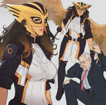 1boy 1girl absurdres benjamin_netanyahu bird_wings bodysuit breasts brown_hair carrying carrying_person closed_eyes covered_navel eyelashes feathered_wings fingerless_gloves flying gloves grey_hair grin hawkgirl helmet highres jacket kendra_saunders large_breasts large_ears long_hair mask necktie old old_man orange_eyes pants real_life smile superman_(2025) tan toned toned_female torn_clothes torn_jacket torn_necktie torn_pants torn_suit wings yoracrab