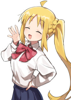 1girl :d ^_^ absurdres ahoge blonde_hair blue_skirt bocchi_the_rock! bow bowtie closed_eyes collared_shirt commentary_request cowboy_shot facing_viewer gazacy_(dai) hand_on_own_hip hand_up highres ijichi_nijika long_hair long_sleeves open_hand open_mouth pleated_skirt red_bow red_bowtie school_uniform shirt side_ponytail sidelocks simple_background skirt smile solo standing white_background white_shirt