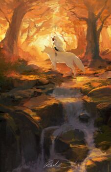 1girl :o animal_ears armlet autumn_leaves bare_shoulders black_shirt cape commentary day english_commentary forest from_side fur_cape grass grey_shoes highres jewelry landscape leaf leaning_forward looking_at_viewer looking_to_the_side mask miniskirt mononoke_hime moro_(mononoke_hime) nature o_o outdoors pelt rat_chuuu riding riding_animal rock san_(mononoke_hime) shirt shoes side_slit signature skirt sleeveless sleeveless_shirt stream tree walking water waterfall white_fur white_shirt white_wolf wolf wolf_ears