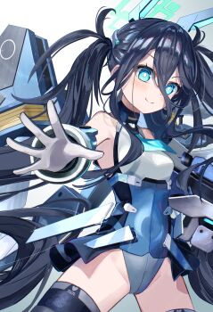 Rule 34 | >:), 1girl, absurdres, aqua halo, aris (armed) (blue archive), aris (blue archive), bare shoulders, black hair, blue archive, blue eyes, blue leotard, blush, breasts, bright pupils, closed mouth, commentary request, cowboy shot, double-parted bangs, floating hair, groin, hair between eyes, halo, headgear, highres, leotard, long hair, long hair between eyes, looking at viewer, mechanical arms, mechanical wings, miyako 0, multicolored leotard, official alternate costume, official alternate hairstyle, outstretched hand, rectangular halo, ringed eyes, sidelocks, simple background, small breasts, smile, smug, solo, split mouth, twintails, two-tone leotard, v-shaped eyebrows, very long hair, white background, white leotard, white pupils, wings