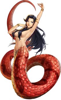 1girl armlet artist_request black_hair blue_eyes bracelet breasts completely_nude convenient_censoring demon_(megami_tensei) hair_over_breasts highres jewelry lamia lamia_(megami_tensei) monster_girl navel nude official_art persona persona_5 persona_5:_the_phantom_x red_nails red_scales shin_megami_tensei slit_pupils snake_girl solo third-party_source transparent_background