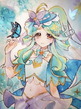 Rule 34 | 1girl, absurdres, arm at side, back bow, blue bow, blue butterfly, blue capelet, blue hair, blue hat, blue theme, bow, brooch, brown eyes, bug, butterfly, butterfly hat ornament, capelet, closed mouth, commentary request, crop top, cure eclair, earrings, hat, hat ornament, heart, heart brooch, heart in eye, highres, insect, jewelry, large bow, long hair, looking at viewer, magical girl, meitantei precure!, midriff, minccino7, mini hat, mini top hat, navel, no nose, ponytail, precure, skirt, smile, solo, sparkle, split mouth, swept bangs, symbol in eye, top hat, traditional media, white skirt, white wrist cuffs, wrist cuffs