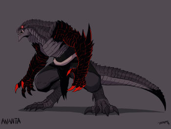 1boy absurdres alternate_form ananta_(wail_of_a_dragon's_rage) black_scales character_name claws digitigrade dragon_boy dragon_claw dragon_tail full_body gegegekman glowing glowing_eyes grey_background grey_scales highres lizardman monster_boy open_mouth pelvic_curtain red_eyes reptile_boy sharp_teeth signature spikes tail teeth topless_male tusks wail_of_a_dragon's_rage