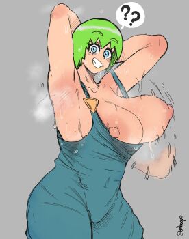 1girl ? ?? absurdres armpits arms_behind_head arms_up bouncing_breasts breasts breasts_out clothes emboquo female_focus foo_fighters_(jojo) green_hair grey_background highres huge_breasts jojo_no_kimyou_na_bouken looking_at_viewer medium_hair nipples simple_background smile solo speech_bubble sweat wardrobe_malfunction