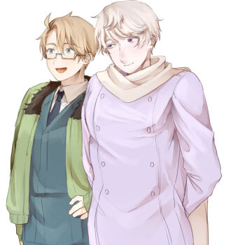 Rule 34 | 2boys, ahoge, america (hetalia), arms behind back, axis powers hetalia, blonde hair, blue jacket, blue necktie, blue pants, blush, buttons, closed mouth, coat, collared shirt, commentary request, cowboy shot, formal clothes, fur-trimmed jacket, fur trim, glasses, green jacket, grey-framed eyewear, grey hair, hair between eyes, hand on own hip, harutoro 39487, highres, jacket, lapels, long sleeves, looking at another, looking to the side, male focus, multiple boys, necktie, official alternate costume, open clothes, open jacket, open mouth, pants, puffy long sleeves, puffy sleeves, purple coat, purple eyes, russia (hetalia), scarf, semi-rimless eyewear, shirt, short hair, simple background, smile, standing, suit, suit jacket, teeth, tongue, white background, white scarf, white shirt