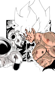 2boys absurdres aura battle_damage blood blood_on_face clenched_teeth dragon_ball dragonball_z fenyon frieza from_side full_power_frieza highres limited_palette male_focus medium_hair multiple_boys muscular muscular_male profile red_eyes son_goku spiked_hair super_saiyan super_saiyan_1 teeth topless_male upper_body