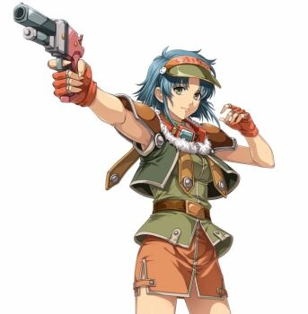 Rule 34 | 1girl, akatsuki no kiseki, armor, belt, blue hair, boots, cowboy shot, cropped legs, curtained hair, dynamic pose, eiyuu densetsu, fingerless gloves, fur trim, game cg, gloves, goggles, goggles around neck, green eyes, green shirt, green vest, gun, handgun, holding, holding gun, holding weapon, josette capua, leather, leather gloves, looking at viewer, miniskirt, official art, orange skirt, parted bangs, red gloves, shirt, short hair, shoulder armor, skirt, sleeveless, sleeveless shirt, solo, sora no kiseki, third-party source, variant set, vest, visor cap, weapon