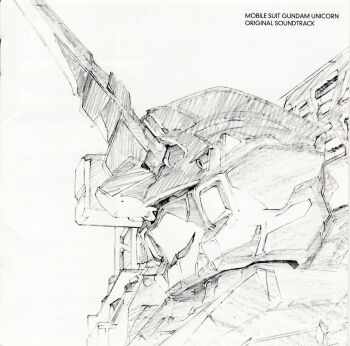 album_cover artist_collaboration cover english_text genma_nobuhiko gundam gundam_unicorn highres machinery mecha mecha_focus mobile_suit monochrome naka_morifumi no_humans portrait robot scan science_fiction sketch traditional_media unicorn_gundam white_background