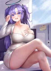 Rule 34 | 1girl, blue archive, blush, breasts, cleavage, crossed legs, dress, halo, highres, large breasts, long hair, looking at viewer, open mouth, purple eyes, purple hair, sitting, solo, two side up, white dress, wookyung, yuuka (blue archive)