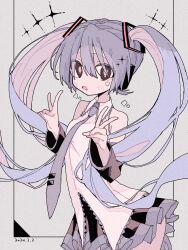 Rule 34 | 1girl, absurdres, alternate eye color, alternate hair color, black skirt, blush, border, brown eyes, collared shirt, colored inner hair, commentary, cowboy shot, dated, double v, facial mark, grey background, grey border, grey hair, grey necktie, hair ornament, hands up, hatsune miku, headphones, heart, heart facial mark, highres, long hair, looking at viewer, miniskirt, multicolored hair, necktie, open mouth, outside border, pink hair, pink pupils, pleated skirt, shiro kuro (shirokuro 3939), shirt, skirt, sleeveless, sleeveless shirt, solo, sparkle, standing, twintails, twintails day, v, very long hair, vocaloid, white shirt