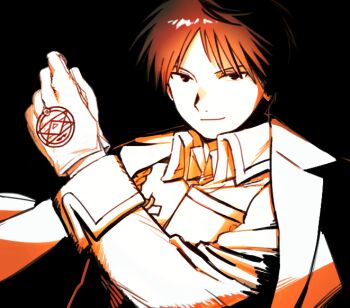 1boy arm_up black_background closed_mouth collared_shirt fullmetal_alchemist gloves jacket jacket_on_shoulders lapels looking_at_viewer ls182_520 male_focus notched_lapels open_clothes open_jacket parted_bangs roy_mustang shirt short_hair simple_background sleeve_cuffs smile solo upper_body wing_collar