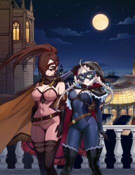 2girls absurdres ahoge black_gloves blue_bodysuit blue_eyes blue_mask bodysuit braid breasts brown_hair cape cleavage coin commission commissioner_upload crystal_earrings earrings eye_mask fire_emblem fire_emblem_fates fire_emblem_heroes full_moon gloves gold_coin hair_over_one_eye harness highres hood hooded_cape jewelry kagero_(fire_emblem) kagero_(thief)_(fire_emblem) keyring large_breasts leather_bag leather_belt long_hair low_twin_braids mask medium_breasts moon multicolored_bodysuit multiple_girls night night_sky nina_(fire_emblem) nina_(thief)_(fire_emblem) nintendo non-web_source o-ring o-ring_harness official_alternate_costume parted_bangs phantom_thief rein_creamsoda skin_tight sky star_(sky) starry_sky thief townscape twin_braids two-tone_bodysuit two-tone_cape white_hair yellow_cape