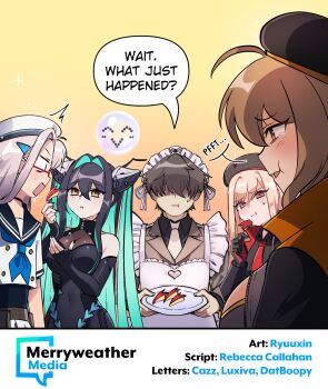 1boy 1girl 4girls accessories ahoge alternate_costume anis_(nikke) apple apple_rabbit apple_slice aqua_hair arm_pouch backless_bodysuit bare_shoulders beret black_bodysuit black_gloves black_hair black_jacket blue_hair blush bodysuit breasts brown_eyes brown_hair cleavage collared_leotard colored_inner_hair commander_(nikke) counters_(nikke) enmaided faceless faceless_male folded_hair food food_art fruit glasses gloves goddess_of_victory:_nikke golden_apple green_eyes hair_intakes hair_over_eyes hat highres jacket large_breasts little_mermaid_(nikke) long_hair long_sleeves looking_at_viewer maid merryweather military_uniform multicolored_hair multiple_girls necktie neon_(nikke) open_mouth over-rim_eyewear rapi_(nikke) red_eyes ryuuxin second-party_source see-through_bodysuit see-through_cleavage see-through_clothes semi-rimless_eyewear shiny_eyes short_hair smile thighs twintails very_long_hair white_hair yellow_eyes