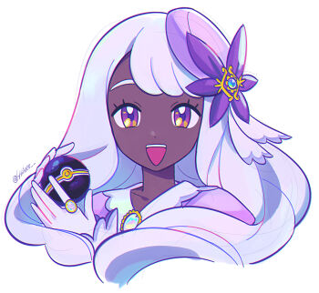 1girl chueog cropped_shoulders dark-skinned_female dark_skin dress fascinator gloves hair_ornament heart_ring highres holding holding_poke_ball jacinthe_(pokemon) long_hair long_sleeves looking_at_viewer luxury_ball mega_stone nintendo open_mouth poke_ball pokemon pokemon_legends:_z-a purple_dress purple_eyes purple_hair simple_background smile solo teeth upper_teeth_only very_dark_skin white_background white_gloves