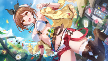 1girl :d absurdres atelier_(series) atelier_ryza bare_shoulders black_bow bow bra breasts brown_hair falling_petals foot_out_of_frame hair_bow hand_up high_heels highres light_blush open_mouth outdoors panties petals reisalin_stout running shenqi_xiao_hong_zai_nali shirt short_hair smile solo teeth thighhighs underwear upper_teeth_only village white_bra white_panties white_thighhighs yellow_shirt