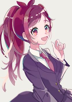 Rule 34 | 1girl, absurdres, antenna hair, blush, brown hair, highres, idolmaster, idolmaster cinderella girls, itsuhamu, jacket, long hair, looking at viewer, necktie, open clothes, open jacket, ponytail, red necktie, school uniform, shirt, simple background, smile, solo, tsujino akari, upper body, very long hair, white background, white shirt
