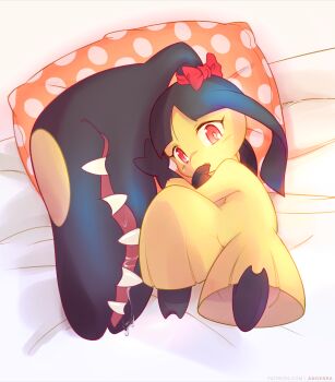 Rule 34 | 1girl, absurdres, ancesra, artist name, bed sheet, black hair, black skin, blunt bangs, blush, bow, colored skin, covering own mouth, drooling, extra mouth, female focus, from above, full body, gen 3 pokemon, hair bow, hand to own mouth, hands up, highres, knee up, light blush, long hair, looking at viewer, lying, mawile, multicolored skin, nintendo, on back, on bed, parted bangs, patreon username, pokemon, pokemon (creature), polka dot, polka dot pillow, red bow, red eyes, saliva, sharp teeth, solo, teeth, two-tone skin, watermark, web address, yellow skin