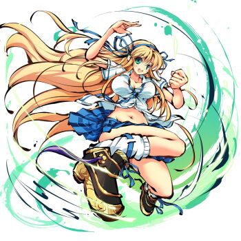 1girl arm_up blonde_hair blue_necktie blue_ribbon blue_skirt blush breasts cleavage clenched_hand collarbone collared_shirt crossover green_eyes hair_between_eyes hair_ribbon highres himegami_kagura katsuragi_(senran_kagura) large_breasts long_hair long_sidelocks looking_at_viewer miniskirt ms06s navel necktie official_art open_mouth pleated_skirt ribbon second-party_source senran_kagura shirt short_sleeves sidelocks simple_background skirt smile solo teeth thighs upper_teeth_only very_long_hair white_background white_shirt