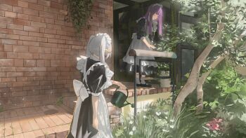 2girls alternate_costume apron black_dress black_shoes commentary dress elf english_commentary fern_(sousou_no_frieren) frieren garden grey_hair highres holding holding_watering_can long_hair looking_at_another maid maid_apron maid_headdress multiple_girls outdoors pointy_ears purple_hair shoes short_sleeves socks sousou_no_frieren takoyoomi twintails watering watering_can white_socks