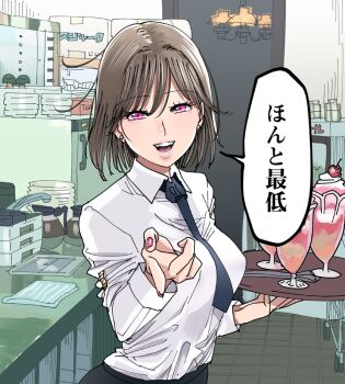 1girl :d between_breasts breasts brown_hair cherry coffee_pot earrings female_focus food fruit hayakawa_pao ice_cream jewelry looking_at_viewer nail_polish necktie necktie_between_breasts open_mouth original parfait pink_eyes pink_nails plate pointing pointing_at_viewer short_hair smile solo spoon sundae teeth tray