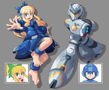 1boy 1girl android anklet arm_cannon bare_legs barefoot blonde_hair blue_helmet capcom coat company_connection cosplay diana_(pragmata) diana_(pragmata)_(cosplay) helmet highres hugh_williams hugh_williams_(cosplay) jewelry looking_at_viewer mega_man_(character) mega_man_(classic) mega_man_(series) padded_coat pragmata puffy_coat roll_(mega_man) simple_background smile ultimatemaverickx weapon