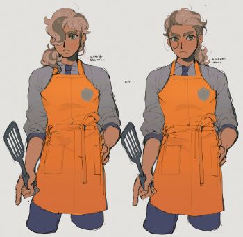 1boy absurdres alternate_hairstyle apron arven_(pokemon) blush brown_hair closed_mouth commentary_request frown grey_shirt hair_over_one_eye hand_on_own_hip highres holding holding_spatula long_hair male_focus multiple_views necktie nintendo orange_apron pants pokemon pokemon_sv shirt spatula three-quarter_sleeves thxzmgn translation_request