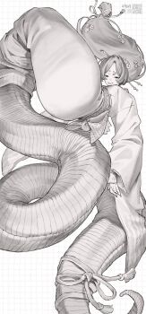 1girl artist_name ass chinese_zodiac falling floating_hair flower furisode greyscale grid_background hair_floating_upwards hair_flower hair_ornament hair_ribbon hair_stick half-closed_eyes highres hikimayu japanese_clothes kgm kimono lamia long_hair long_sleeves long_tail looking_at_viewer low-tied_long_hair makeup monochrome monster_girl nengajou new_year obi obijime original qr_code ribbon sash smile solo tail tongue tongue_out year_of_the_snake