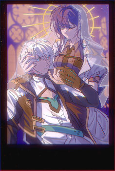 1boy 1girl belt black_coat black_gloves blue_eyes blunt_bangs blurry blurry_background center_opening chinese_commentary christianity closed_eyes closed_mouth coat collared_shirt commentary_request couple formal_clothes gloves glowing hair_between_eyes hair_down halo hand_on_another's_hand hand_on_another's_head highres honkai_(series) honkai_impact_3rd indoors kevin_kaslana leaning_on_person leaning_to_the_side long_sleeves looking_to_the_side looking_up lying mei_(honkai_impact) mixed-language_commentary necktie parted_lips purple_hair see-through_clothes see-through_veil shade shiregotoaka shirt short_sleeves suit upper_body veil white_hair