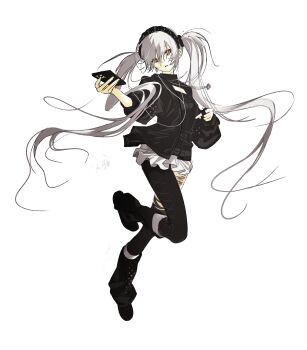 Rule 34 | 1girl, absurdres, boots, full body, highres, jacket, long hair, looking at viewer, simple background, skirt, solo, thighhighs, twintails, very long hair, weapon, white background