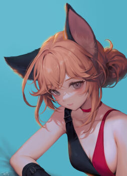 1girl animal_ear_fluff animal_ears artist_name bare_shoulders blonde_hair blue_background blush breasts caesty cat_ears cat_girl choker cleavage closed_mouth collarbone commentary crossed_bangs elbow_rest english_commentary green_eyes hair_bun highres looking_at_viewer medium_breasts original red_choker signature simple_background sleeveless solo upper_body