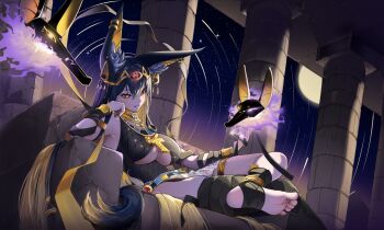 1girl animal_ear_fluff animal_ears ankh anubis_(mythology) arm_support black_hair blonde_hair breasts circlet colored_inner_hair commentary_request earrings egyptian_mythology exila_(moon1545) full_moon grin highres jackal_ears jackal_tail jewelry large_breasts long_hair moon multicolored_hair night original pillar red_eyes revealing_clothes smile solo stirrup_legwear toeless_legwear two-tone_hair underboob usekh_collar very_long_hair