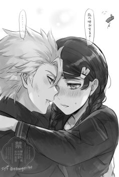 Rule 34 | ..., 1boy, 1girl, abarai renji, bleach, blush, braid, bruise, bruise on face, commentary request, etranger140, greyscale, hair ornament, hairclip, hetero, highres, hinamori momo, hitsugaya toushirou, injury, low twin braids, monochrome, school uniform, serafuku, signature, spoken ellipsis, sweatdrop, translation request, twin braids, twitter username, watermark