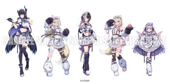 5girls :d ;d animal_ears animal_hands apron asymmetrical_horns asymmetrical_legwear bandaid bandaid_hair_ornament black_boots black_gloves black_hair black_leg_warmers black_thighhighs black_wings blonde_hair blue_eyes blue_hair blue_streaks boots breasts chest_jewel cleavage clothes_lift colored_inner_hair commentary copyright_name cropped_shirt crossed_bangs demon_horns detached_sleeves dog_ears dog_girl dog_tail double-parted_bangs english_text fake_horns feathered_wings fingerless_gloves flower frilled_apron frilled_shirt frilled_skirt frills full_body fuwawa_abyssgard garter_straps gem gloves grey_hair grin hair_between_eyes hair_flaps hair_intakes hair_ornament hairband hairclip hashtag-only_commentary highres holding holoadvent hololive hololive_english horn_flower horn_hairband horns jewel_under_eye koseki_bijou large_breasts leg_warmers long_hair looking_at_viewer low_wings maid maid_apron maid_headdress medium_breasts metal_wings midriff miniskirt mococo_abyssgard mole mole_under_eye multicolored_hair multiple_girls navel nerissa_ravencroft official_alternate_costume official_art one_eye_closed open_mouth over-kneehighs parallel_hairclips paw_gloves pink_eyes pink_hair pink_streaks platform_shoes purple_eyes purple_gem purple_hair red_eyes ribbed_shirt ringosan sample_watermark shiori_novella shirt shoes short_hair sidelocks simple_background single_garter_strap single_over-kneehigh single_thighhigh skirt skirt_lift sleeveless sleeveless_shirt smile split-color_hair streaked_hair tail thigh_strap thighhighs torn_clothes torn_thighhighs two-tone_hair two_side_up uneven_horns uneven_legwear very_long_hair virtual_youtuber waist_apron watermark white_apron white_background white_leg_warmers white_shirt white_shoes white_skirt white_sleeves wings wrist_cuffs yellow_eyes