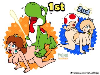 2boys 2girls ass barefoot blonde_hair breasts brown_hair buttjob colored_skin completely_nude crown cum dinosaur earrings feet glans green_skin huge_ass jewelry legs mario_(series) mario_party moaning multiple_boys multiple_girls mushroom_head nintendo nipples nude penis petite princess princess_daisy rosetta_(mario) sex shota size_difference soles super_mario_bros._1 super_mario_land super_mario_world sweat the_moss-man toad_(mario) toes tongue yoshi