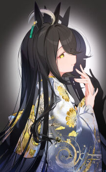 Rule 34 | 1girl, ahoge, animal ears, blue kimono, closed mouth, ear tag, earrings, eyes visible through hair, hair over one eye, hands up, highres, horse ears, horse girl, japanese clothes, jewelry, kimono, long hair, long sleeves, looking at viewer, looking back, manhattan cafe (umamusume), multicolored hair, single earring, smile, solo, umamusume, very long hair, white hair, wide sleeves, yellow eyes, yomean!