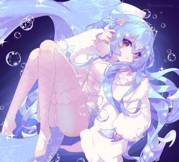 1girl absurdres bao_the_whale bikini blue_hair breasts cleavage commentary fins fish_tail fishnet_thighhighs fishnets fur-trimmed_jacket fur_trim hair_ornament highres indie_virtual_youtuber jacket long_hair long_sleeves looking_at_viewer medium_breasts moreeechka open_clothes open_jacket puffy_long_sleeves puffy_sleeves red_eyes smile solo swimsuit tail thighhighs very_long_hair virtual_youtuber white_bikini white_jacket