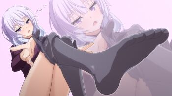 absurdres black_thighhighs feet grey_hair highres open_mouth pantyhose pink_background sakayanagi_arisu takuru thighhighs thighs undressing youkoso_jitsuryoku_shijou_shugi_no_kyoushitsu_e zoom_layer