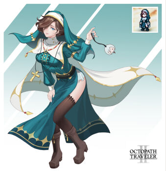 1girl black_thighhighs blue_eyes blue_nails boots breasts brown_boots brown_hair cape center_frills character_charm charm_(object) commentary_request copyright_name cross cross_necklace dress frills full_body green_background green_dress green_veil guimpe hair_over_one_eye hand_on_own_thigh highres holding holding_charm jewelry juliet_sleeves latin_cross leaning_forward long_sleeves looking_at_viewer medium_breasts multiple_necklaces nail_polish necklace nun octopath_traveler octopath_traveler_ii one_eye_covered pelvic_curtain photo_inset ptdoge puffy_sleeves rosary short_hair smile solo thighhighs throne_anguis two-tone_background veil white_background white_cape