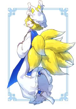 1girl :d blonde_hair blue_tabard commentary_request dress fang fox_girl fox_tail from_side full_body kahayu4 kitsune kyuubi long_sleeves looking_at_viewer medium_hair multiple_tails open_mouth own_hands_together smile socks solo tabard tail touhou white_dress white_socks yakumo_ran