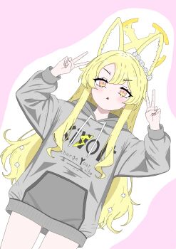 1girl animal_ear_fluff animal_ears blonde_hair blue_archive blush bright_pupils choppies cowboy_shot double_v drawstring fox_ears grey_hoodie halo hands_up highres hood hood_down hoodie long_hair long_sleeves looking_at_viewer multicolored_eyes pink_eyes seia_(blue_archive) solo triangle_mouth two-tone_eyes v white_pupils yellow_eyes yellow_halo