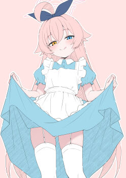 1girl absurdres ahoge apron blue_archive blue_eyes commentary_request dress halo heterochromia highres hoshino_(blue_archive) long_hair mistel_(sukebemistel) pink_hair short_sleeves simple_background solo thighhighs tongue tongue_out white_thighhighs yellow_eyes