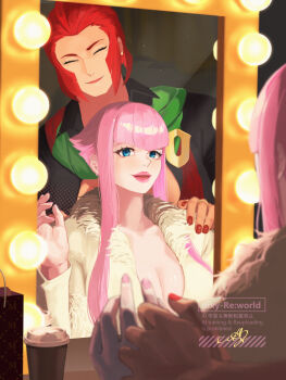 blue_eyes breasts christianity hand_on_another&#039;s_shoulder highres looking_at_mirror manon_legrand marisa_(street_fighter) marquee_lights mirror official_alternate_costume official_alternate_hairstyle pink_hair pink_lips pink_nails red_hair red_nails scarf short_hair_with_long_locks smile street_fighter street_fighter_6 table uixy vanity_table