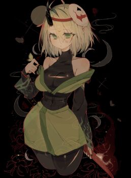 1girl bare_shoulders black_background black_bodysuit black_sash bodysuit breasts bug butterfly butterfly_on_hand closed_mouth clothing_cutout commentary commission cropped_legs double-parted_bangs green_eyes green_hair green_kimono hair_between_eyes hand_up highres horns insect japanese_clothes kimono large_breasts long_sleeves mask mask_on_head original sash short_hair shoulder_cutout single_horn solo turtleneck turtleneck_bodysuit usa37107692